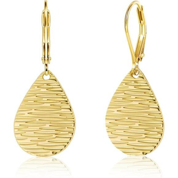 Gold teardrop dangle earrings for women sterling silver hammered drop leverback - Picture 1 of 7